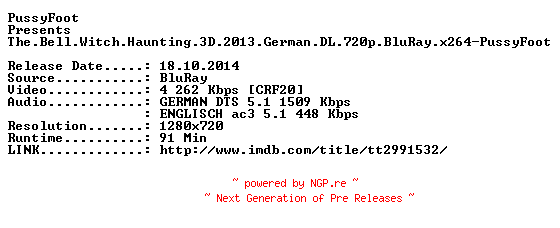 NFO for the release The.Bell.Witch.Haunting.3D.2013.German.DL.720p.BluRay.x264-PussyFoot by PussyFoot