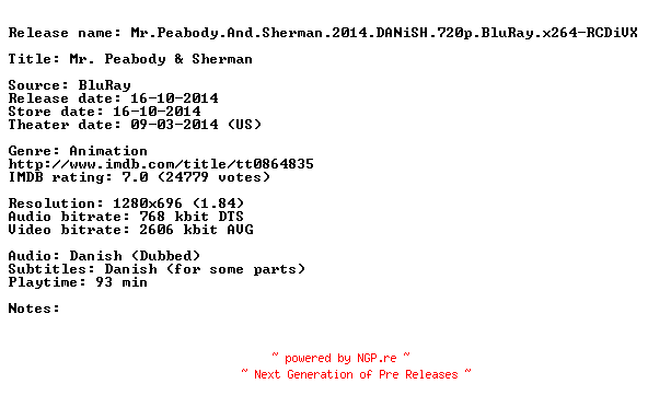 NFO for the release Mr.Peabody.And.Sherman.2014.DANiSH.720p.BluRay.x264-RCDiVX by RCDiVX
