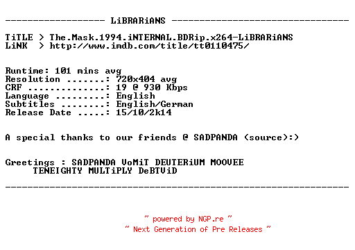 NFO for the release The.Mask.1994.iNTERNAL.BDRip.x264-LiBRARiANS by LiBRARiANS