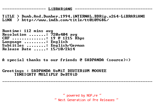 NFO for the release Dumb.And.Dumber.1994.iNTERNAL.BDRip.x264-LiBRARiANS by LiBRARiANS