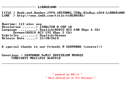 NFO for the release Dumb.and.Dumber.1994.iNTERNAL.720p.BluRay.x264-LiBRARiANS by LiBRARiANS