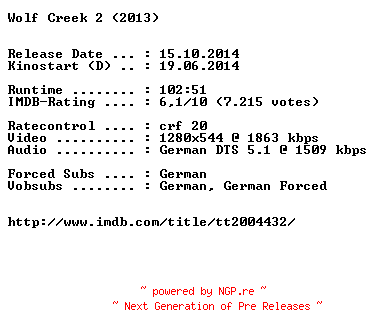 NFO for the release Wolf.Creek.2.German.720p.BluRay.x264-EXQUiSiTE by EXQUiSiTE