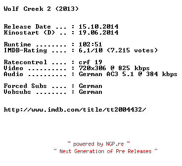 NFO for the release Wolf.Creek.2.German.BDRiP.x264-EXQUiSiTE by EXQUiSiTE