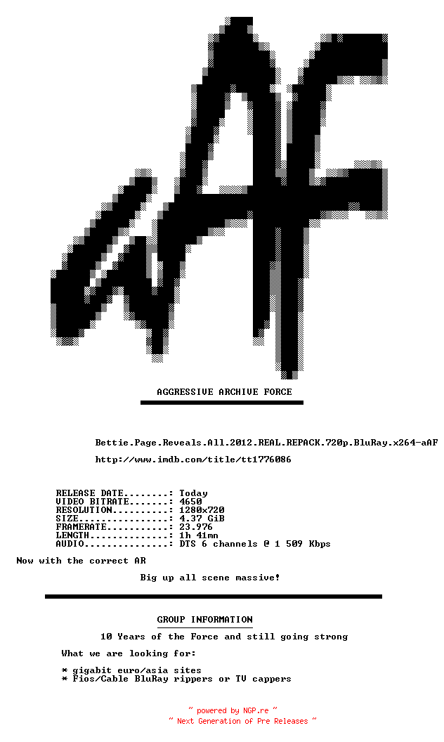 NFO for the release Bettie.Page.Reveals.All.2012.REAL.REPACK.720p.BluRay.x264-aAF by aAF