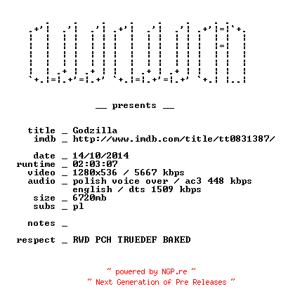 NFO for the release Godzilla.2014.PL.DUAL.720p.BluRay.x264-WWA by WWA