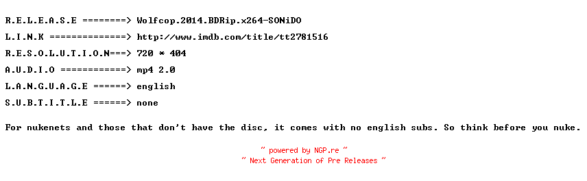 NFO for the release Wolfcop.2014.BDRip.x264-SONiDO by SONiDO