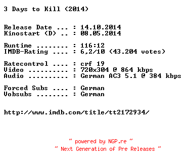 NFO for the release 3.Days.to.Kill.German.BDRiP.x264-EXQUiSiTE by EXQUiSiTE