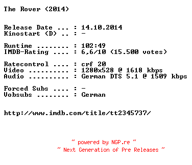 NFO for the release The.Rover.2014.German.720p.BluRay.x264-EXQUiSiTE by EXQUiSiTE