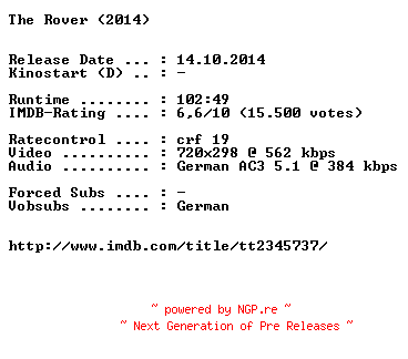 NFO for the release The.Rover.German.2014.BDRiP.x264-EXQUiSiTE by EXQUiSiTE