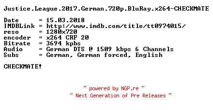 NFO for the release Justice.League.2017.German.720p.BluRay.x264-CHECKMATE by CHECKMATE