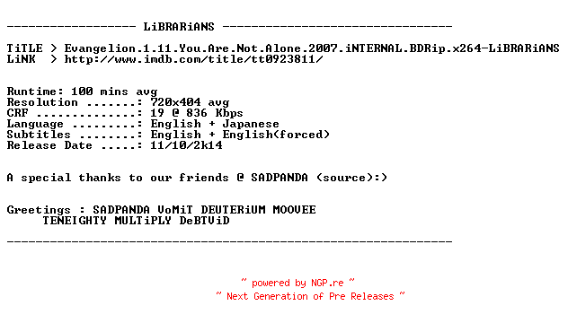 NFO for the release Evangelion.1.11.You.Are.Not.Alone.2007.iNTERNAL.BDRip.x264-LiBRARiANS by LiBRARiANS
