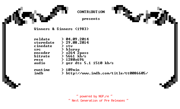NFO for the release Winners.and.Sinners.1983.German.720p.BluRay.x264-CONTRiBUTiON by CONTRiBUTiON
