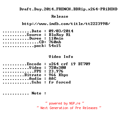 NFO for the release Draft.Day.2014.FRENCH.BDRip.x264-PRiDEHD by PRiDEHD