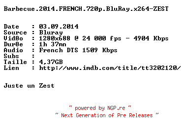 NFO for the release Barbecue.2014.FRENCH.720p.BluRay.x264-ZEST by ZEST