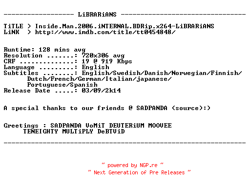 NFO for the release Inside.Man.2006.iNTERNAL.BDRip.x264-LiBRARiANS by LiBRARiANS