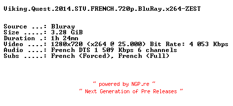 NFO for the release Viking.Quest.2014.STV.FRENCH.720p.BluRay.x264-ZEST by ZEST