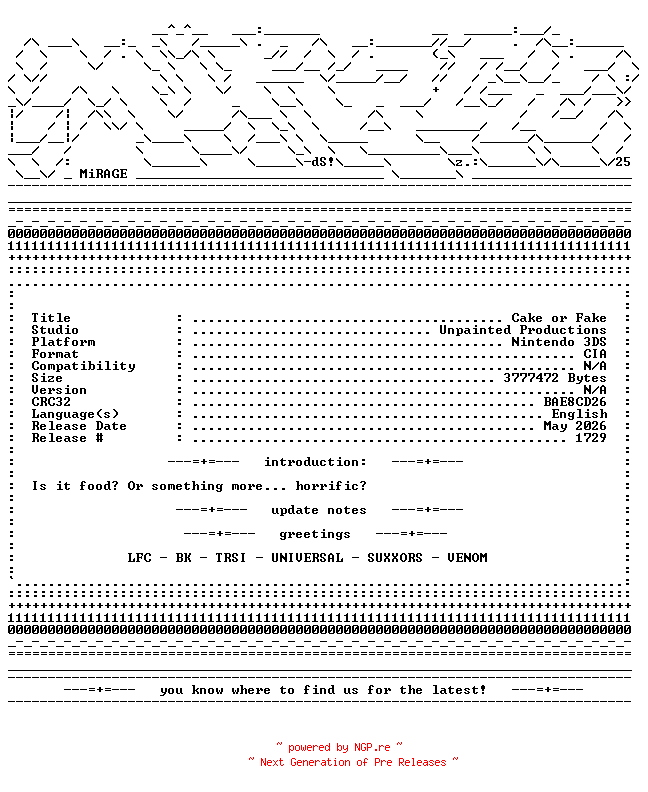 NFO for the release Cake_or_Fake_3DS-MiRAGE by MiRAGE