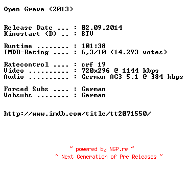 NFO for the release Open.Grave.German.2013.BDRiP.x264-EXQUiSiTE by EXQUiSiTE