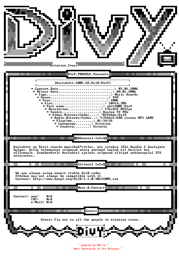NFO for the release Aastahitt.2005.EE.XviD-DivY by DivY