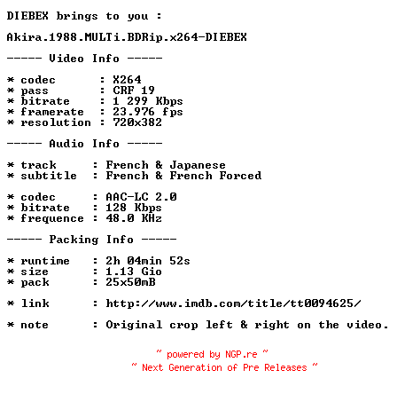 NFO for the release Akira.1988.MULTi.BDRip.x264-DIEBEX by DIEBEX