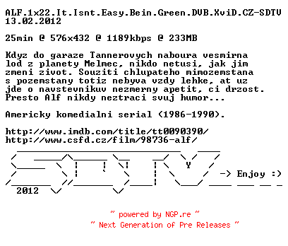 NFO for the release ALF.1x22.It.Isnt.Easy.Bein.Green.DVB.XviD.CZ-SDTV by SDTV