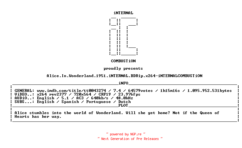 NFO for the release Alice.In.Wonderland.1951.iNTERNAL.BDRip.x264-iNTERNALCOMBUSTiON by iNTERNALCOMBUSTiON