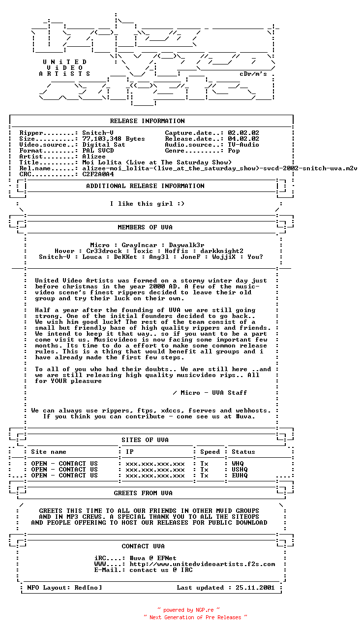 NFO for the release Alizee-moi_lolita-(live_at_the_saturday_show)-svcd-2002-snitch-uva by uva