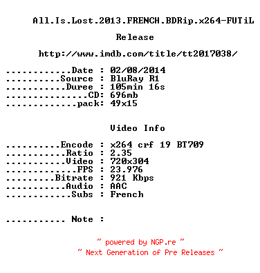 NFO for the release All.Is.Lost.2013.FRENCH.BDRip.x264-FUTiL by FUTiL