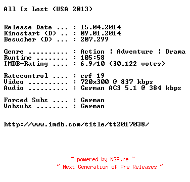 NFO for the release All.Is.Lost.German.BDRiP.x264-EXQUiSiTE by EXQUiSiTE