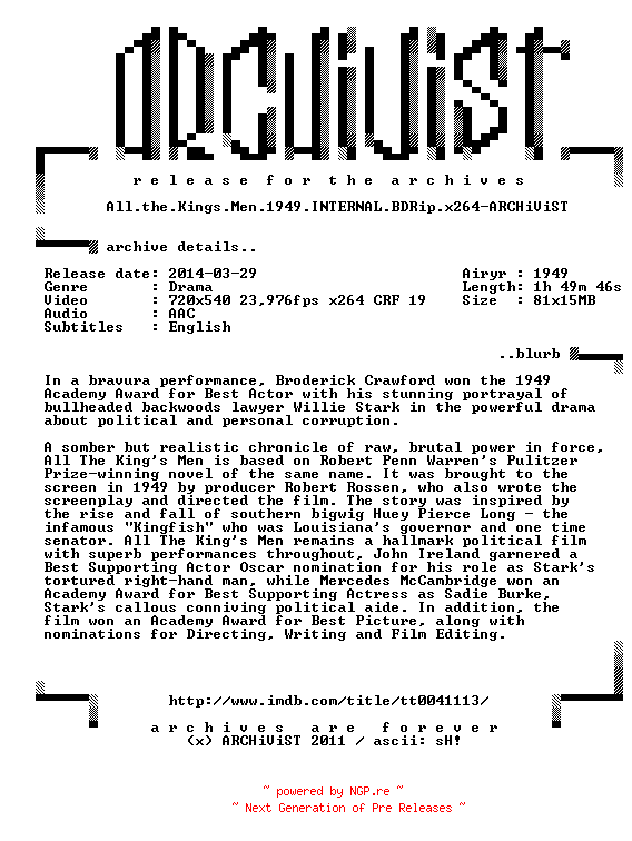 NFO for the release All.the.Kings.Men.1949.INTERNAL.BDRip.x264-ARCHiViST by ARCHiViST
