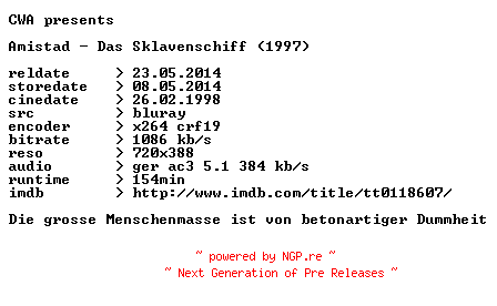 NFO for the release Amistad.Das.Sklavenschiff.1997.German.BDRip.x264.iNTERNAL-CWA by CWA