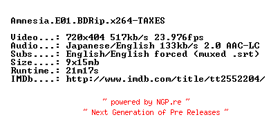 NFO for the release Amnesia.E01.BDRip.x264-TAXES by TAXES