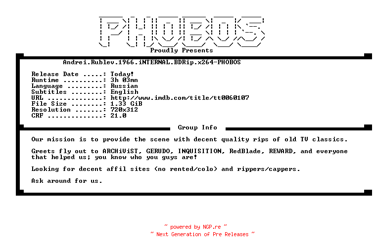 NFO for the release Andrei.Rublev.1966.iNTERNAL.BDRip.x264-PHOBOS by PHOBOS