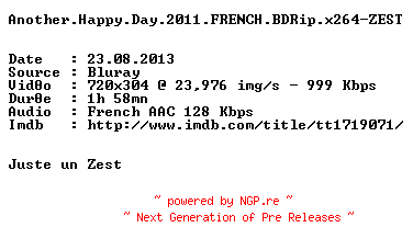 NFO for the release Another.Happy.Day.2011.FRENCH.BDRip.x264-ZEST by ZEST