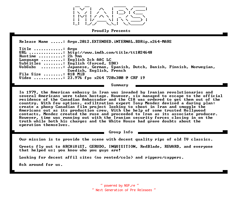 NFO for the release Argo.2012.EXTENDED.iNTERNAL.BDRip.x264-MARS by MARS