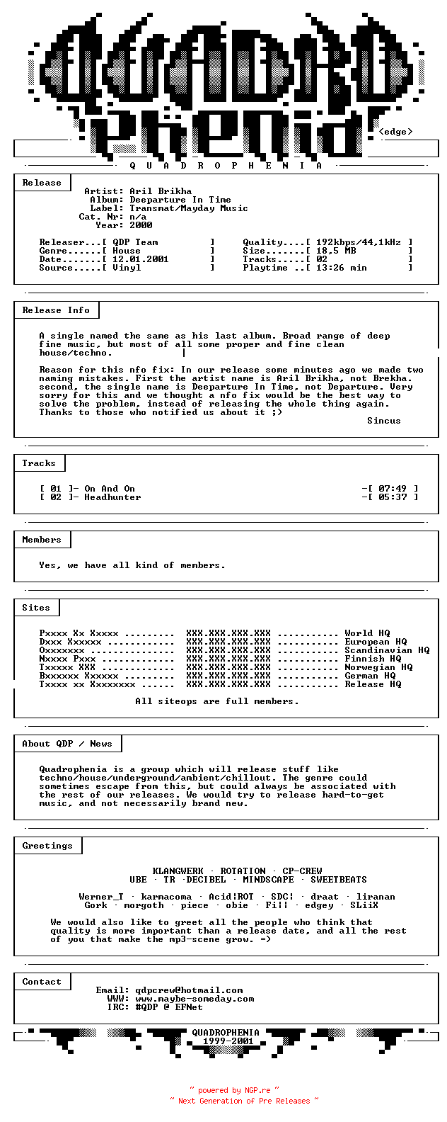 NFO for the release Aril_Brikha-Deeparture_In_Time-VLS-2000-NFOFIX-QDP by QDP