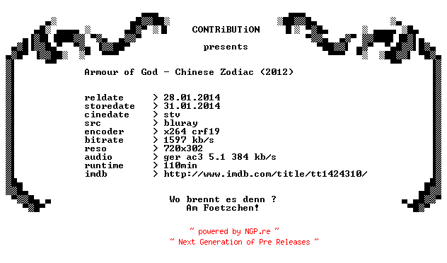 NFO for the release Armour.of.God.Chinese.Zodiac.2012.German.BDRip.x264-CONTRiBUTiON by CONTRiBUTiON