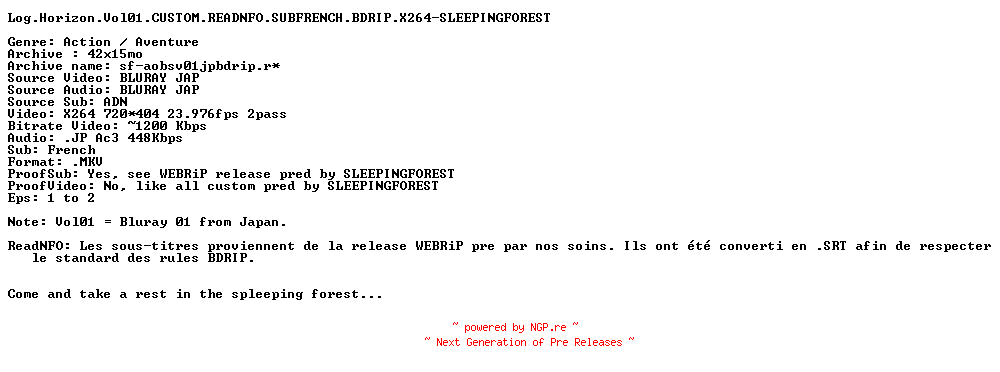 NFO for the release Arpeggio.Of.Blue.Steel.Vol01.CUSTOM.SUBFRENCH.BDRIP.X264-SLEEPINGFOREST by SLEEPINGFOREST