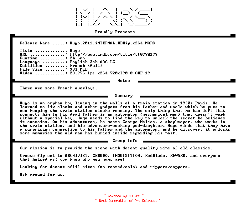 NFO for the release Hugo.2011.iNTERNAL.BDRip.x264-MARS by MARS