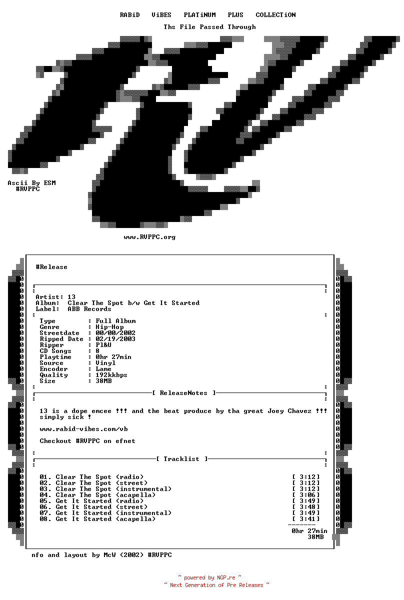 NFO for the release 13-Clear_The_Spot_Bw_Get_It_Started-VLS-2002-RV by RV
