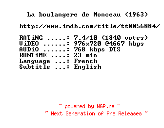 NFO for the release The.Bakery.Girl.Of.Monceau.1963.720p.BluRay.x264-MELiTE by MELiTE