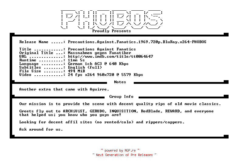 NFO for the release Precautions.Against.Fanatics.1969.720p.BluRay.x264-PHOBOS by PHOBOS
