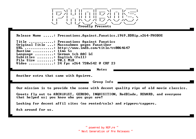 NFO for the release Precautions.Against.Fanatics.1969.BDRip.x264-PHOBOS by PHOBOS