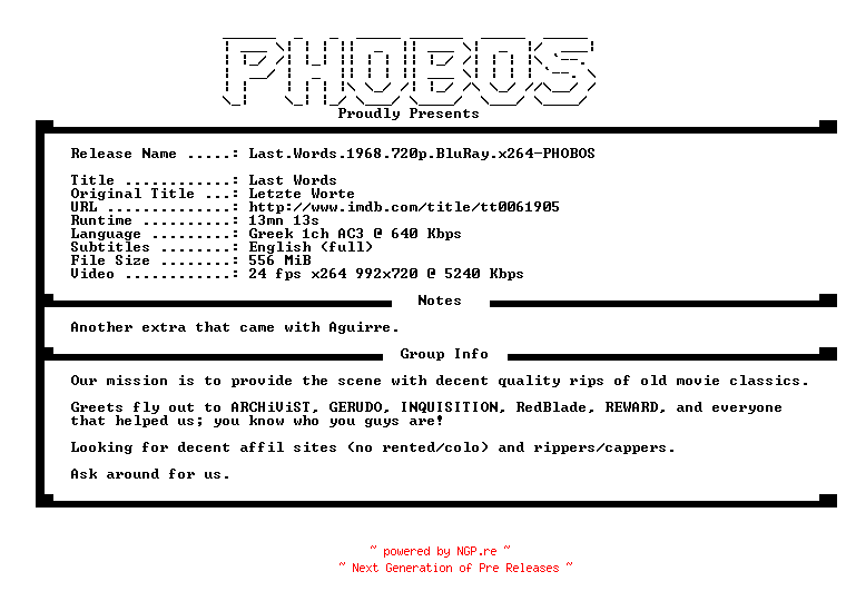 NFO for the release Last.Words.1968.720p.BluRay.x264-PHOBOS by PHOBOS