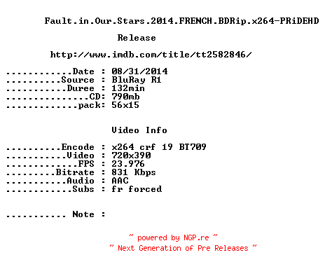NFO for the release The.Fault.in.Our.Stars.2014.FRENCH.BDRip.x264-PRiDEHD by PRiDEHD
