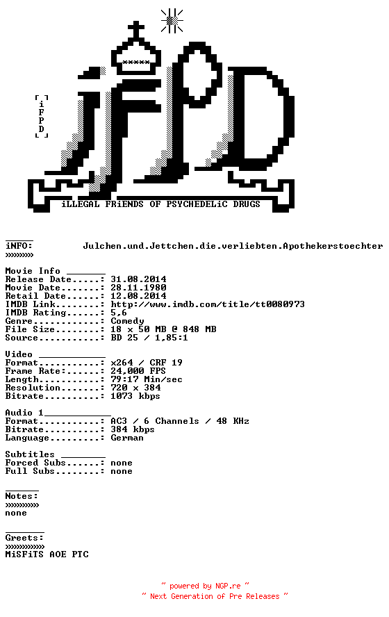 NFO for the release Julchen.und.Jettchen.die.verliebten.Apothekerstoechter.German.1982.AC3.BDRiP.x264-iFPD by iFPD