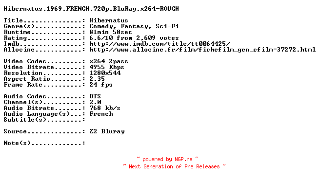 NFO for the release Hibernatus.1969.FRENCH.720p.BluRay.x264-ROUGH by ROUGH