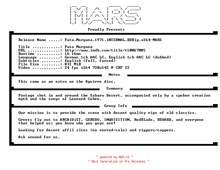 NFO for the release Fata.Morgana.1971.iNTERNAL.BDRip.x264-MARS by MARS