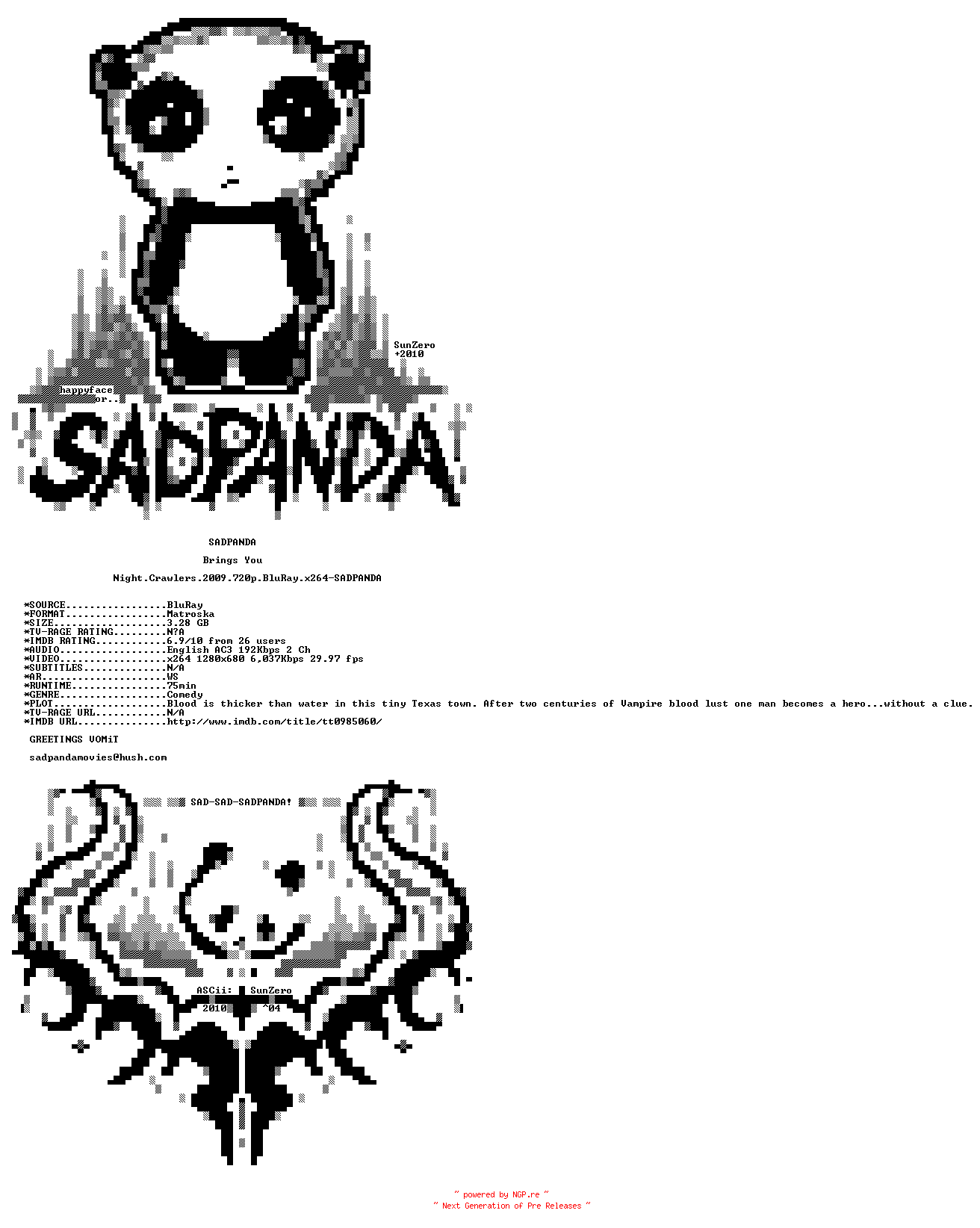 NFO for the release Night.Crawlers.2009.720p.BluRay.x264-SADPANDA by SADPANDA