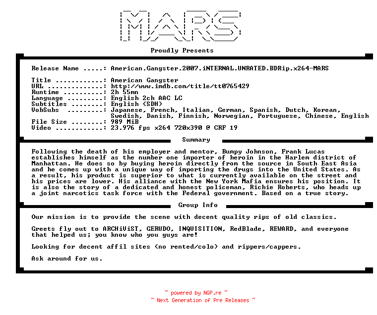 NFO for the release American.Gangster.2007.iNTERNAL.UNRATED.BDRip.x264-MARS by MARS